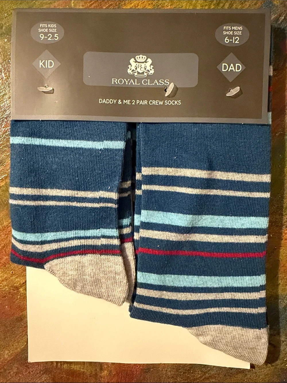Royal Class Daddy & Me 2 Pair Crew Socks - Striped Gray Kid & Dad 2 Set NEW